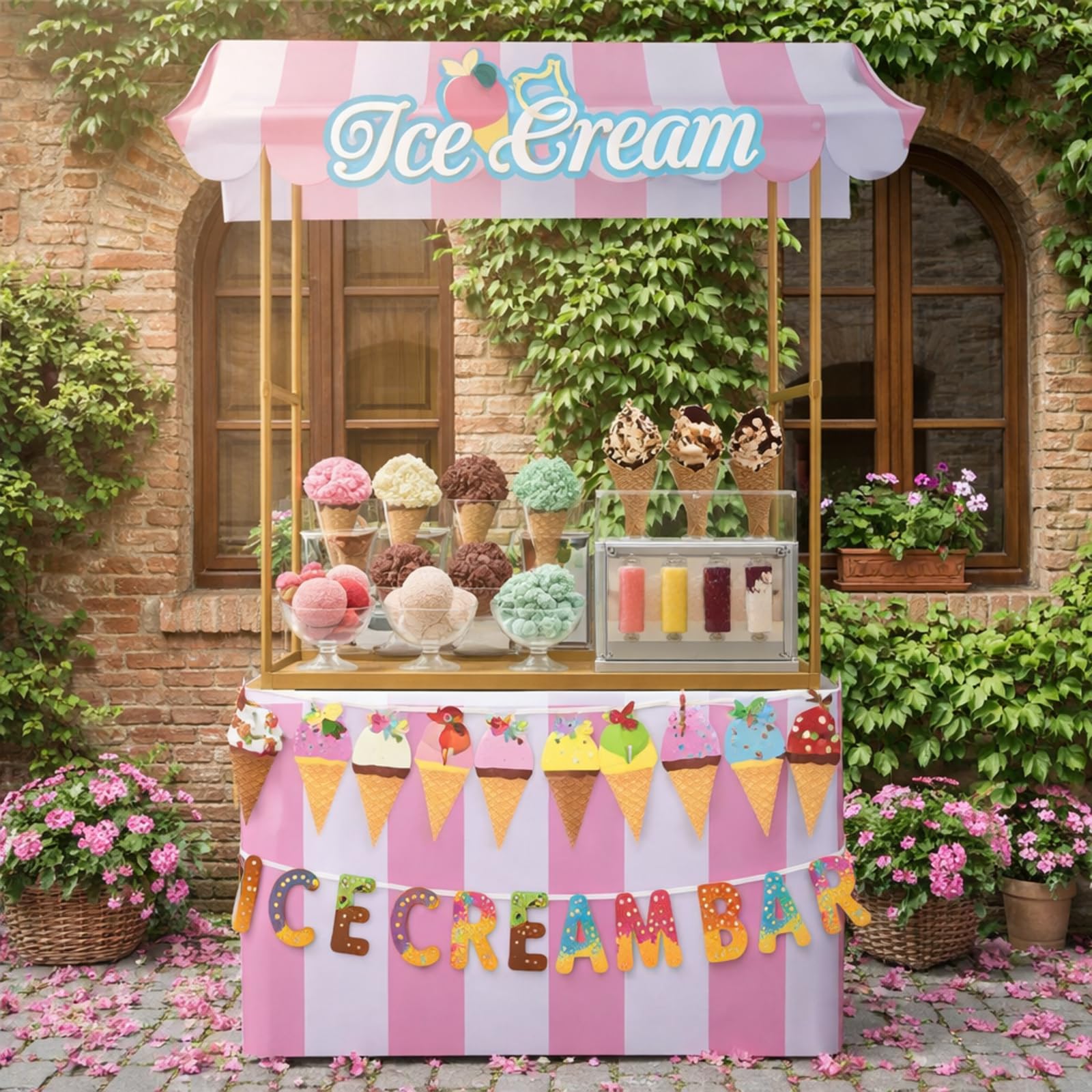 Tioncy 6 Pcs Ice Cream Bar Stand Kits Ice Cream Sundae Bar Supplies Party Decor (Without Table) Include Shelf Banner Roof Pennan