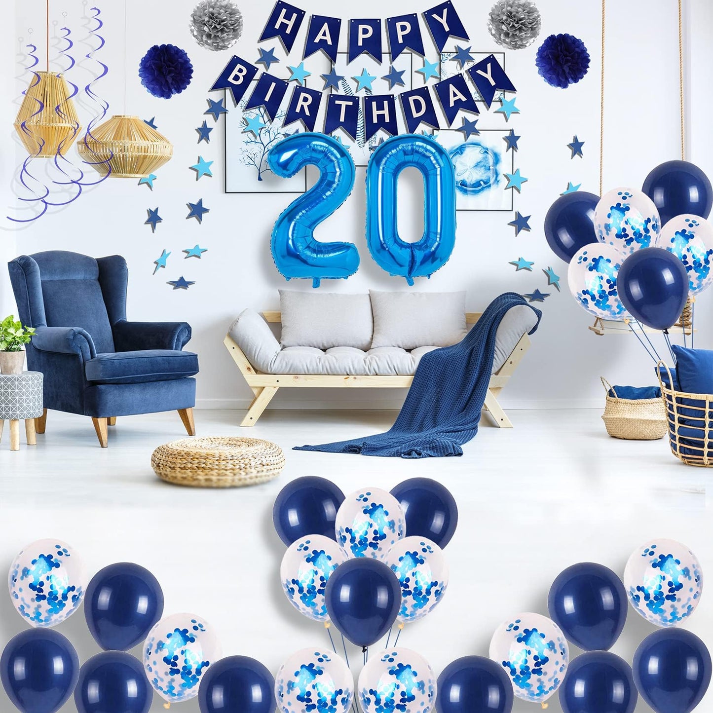 Naninuneno 20Th Blue Birthday Party Decorations For Boy Girl Men Women, Happy 20 Birthday Balloons Supplies With Happy Birthday