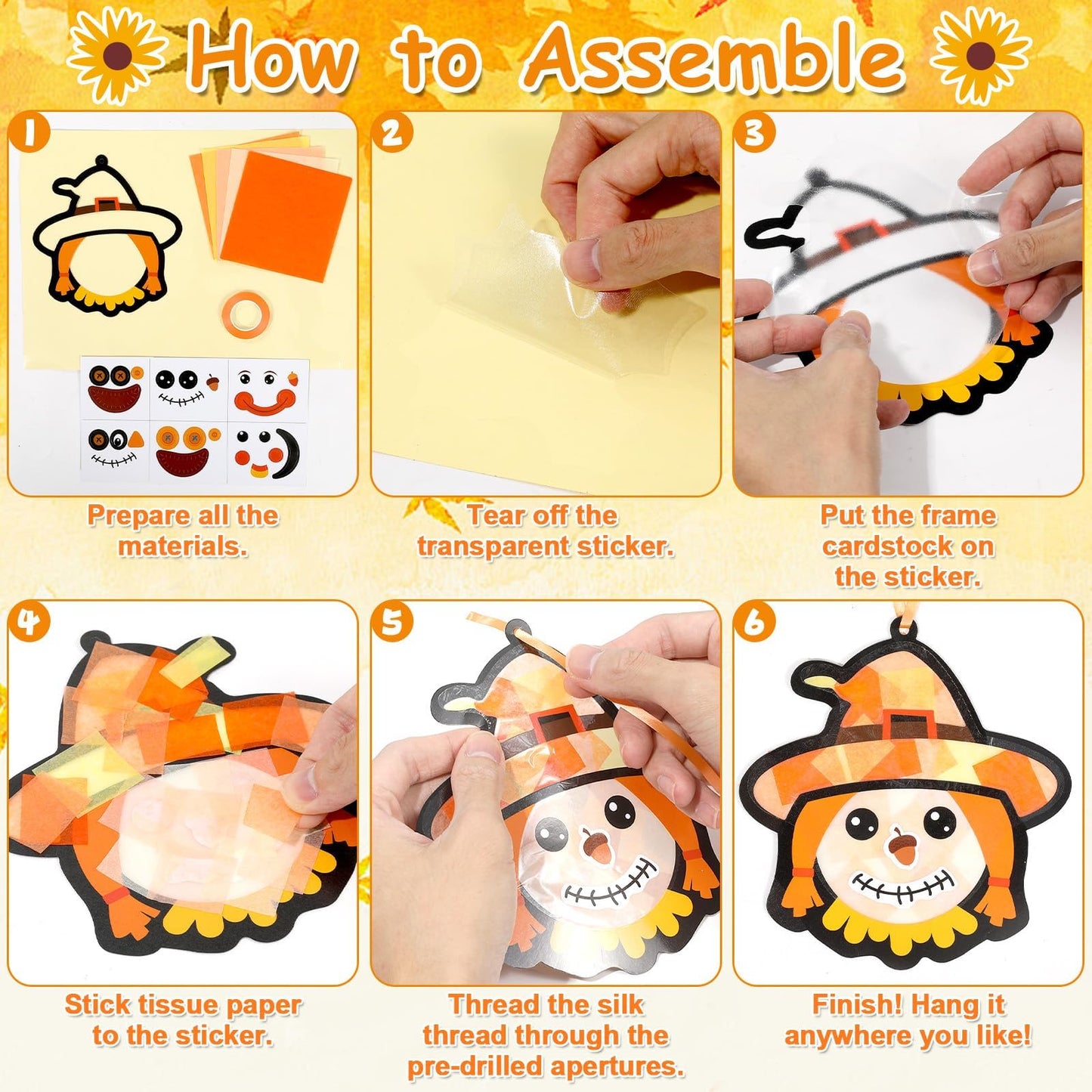 Qyeahkj 36 Set Fall Scarecrow Suncatchers Craft for Kids DIY Autumn Window Tissue Paper Craft Kit Hanging Decor for Thinkgiving