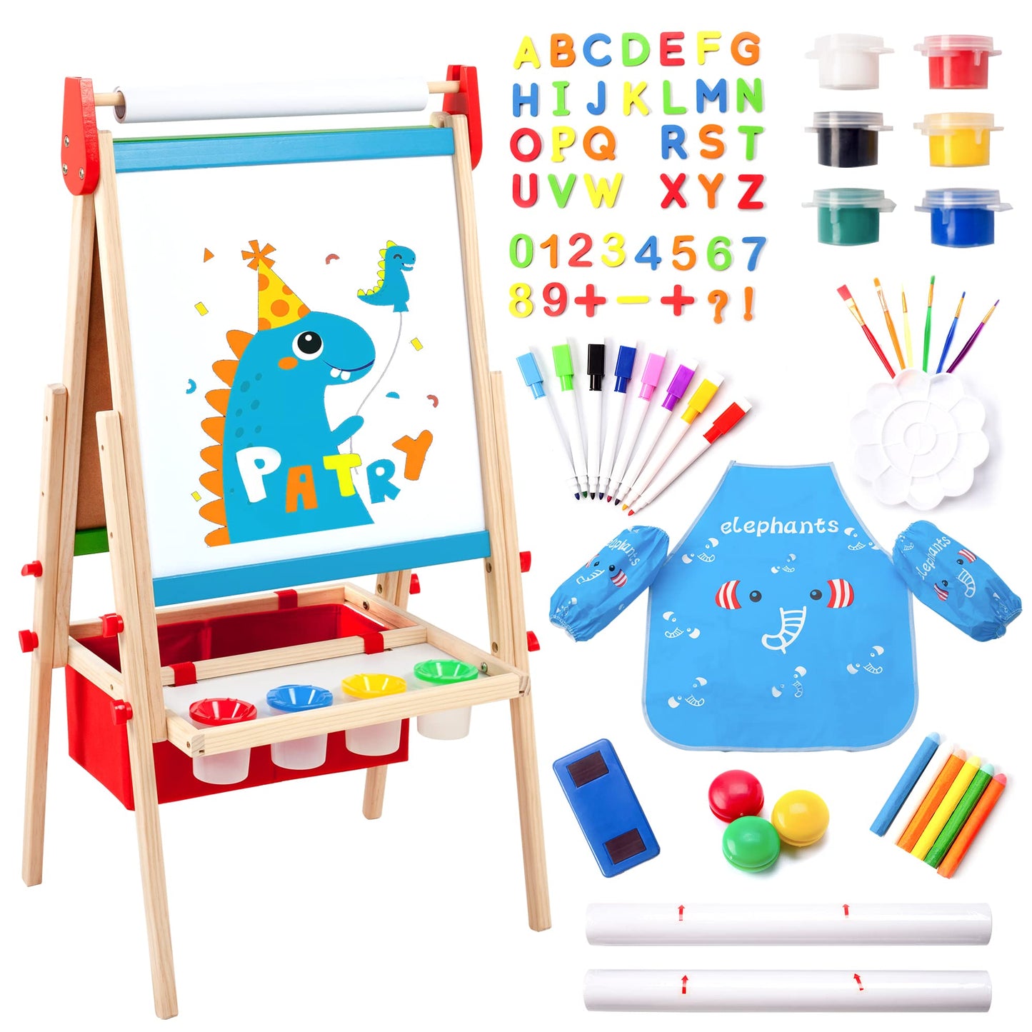 Kids Easel Including 100+ Accessories, Double Sided Wooden Easel for Kids - Magnetic Chalkboard & Painting Board & 2 Paper Rolls
