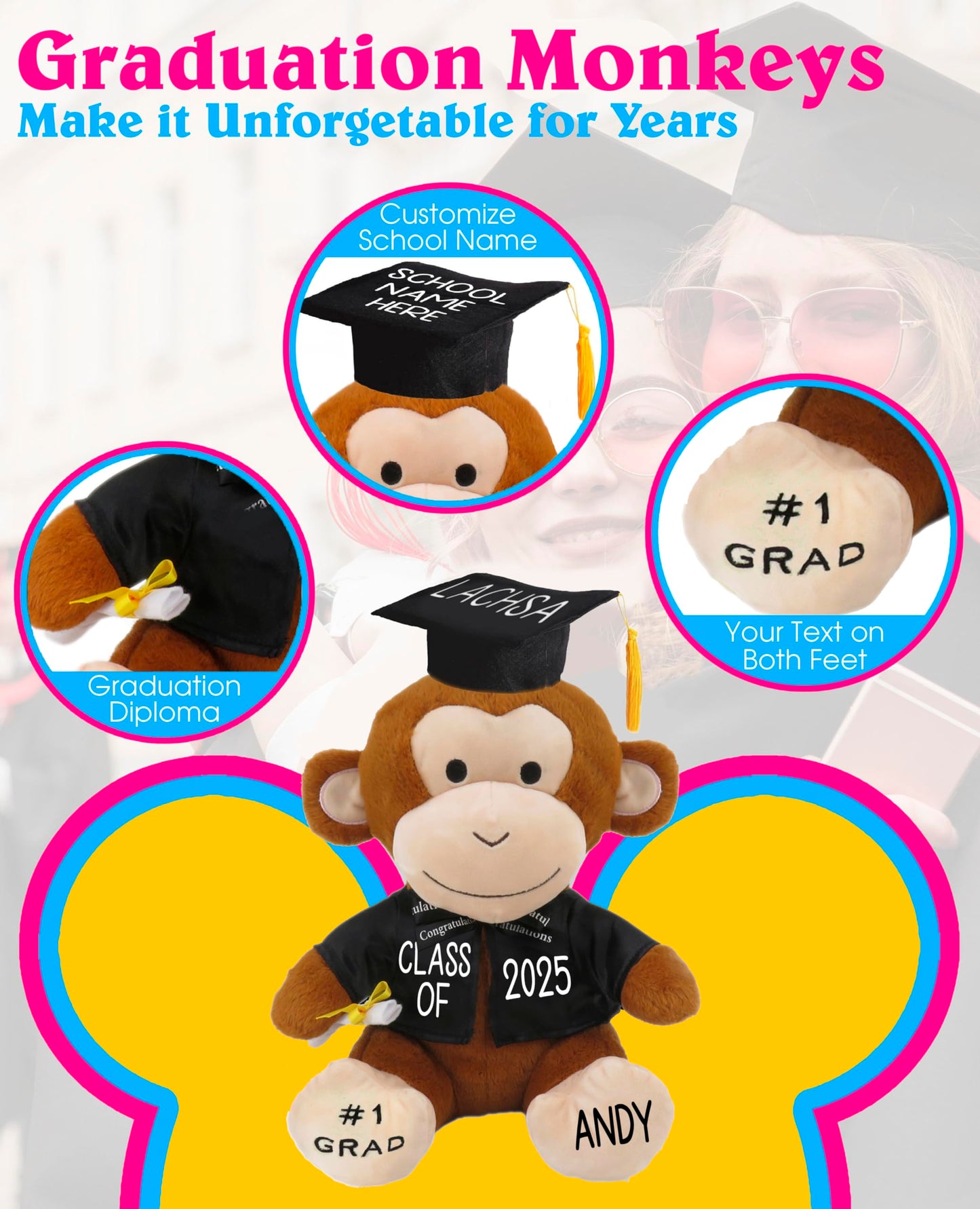 Personalized Graduation Teddy Bear Monkey Gift 2025 For Her, For Him, For High School, College, 12 Inch - Cute Custom Brown Monk