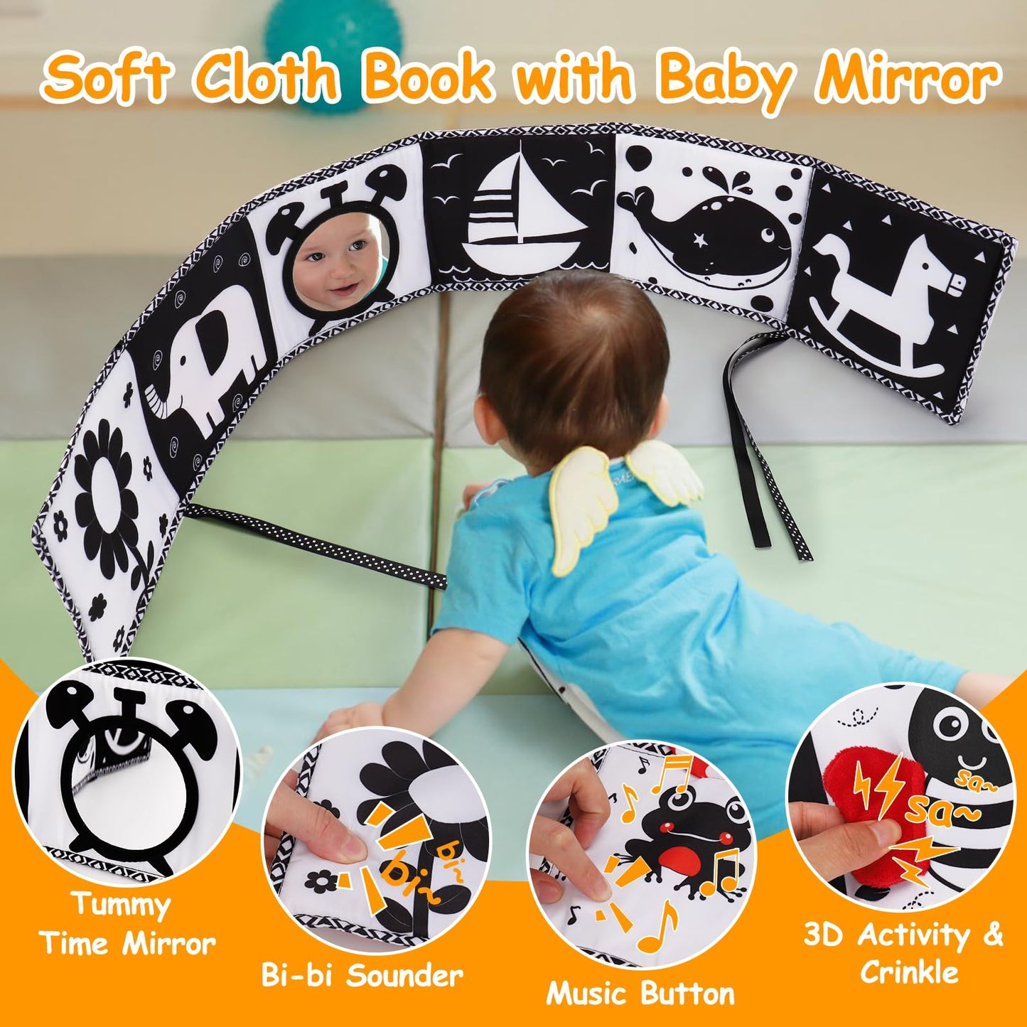 2 Pcs Black And White High Contrast Baby Toys 0-6 Months Soft Crinkle Book For Early Education Montessori Sensory Toys For Newborn Brain Development Tummy Time Mirror Infant Toys 6-12 Months Gifts