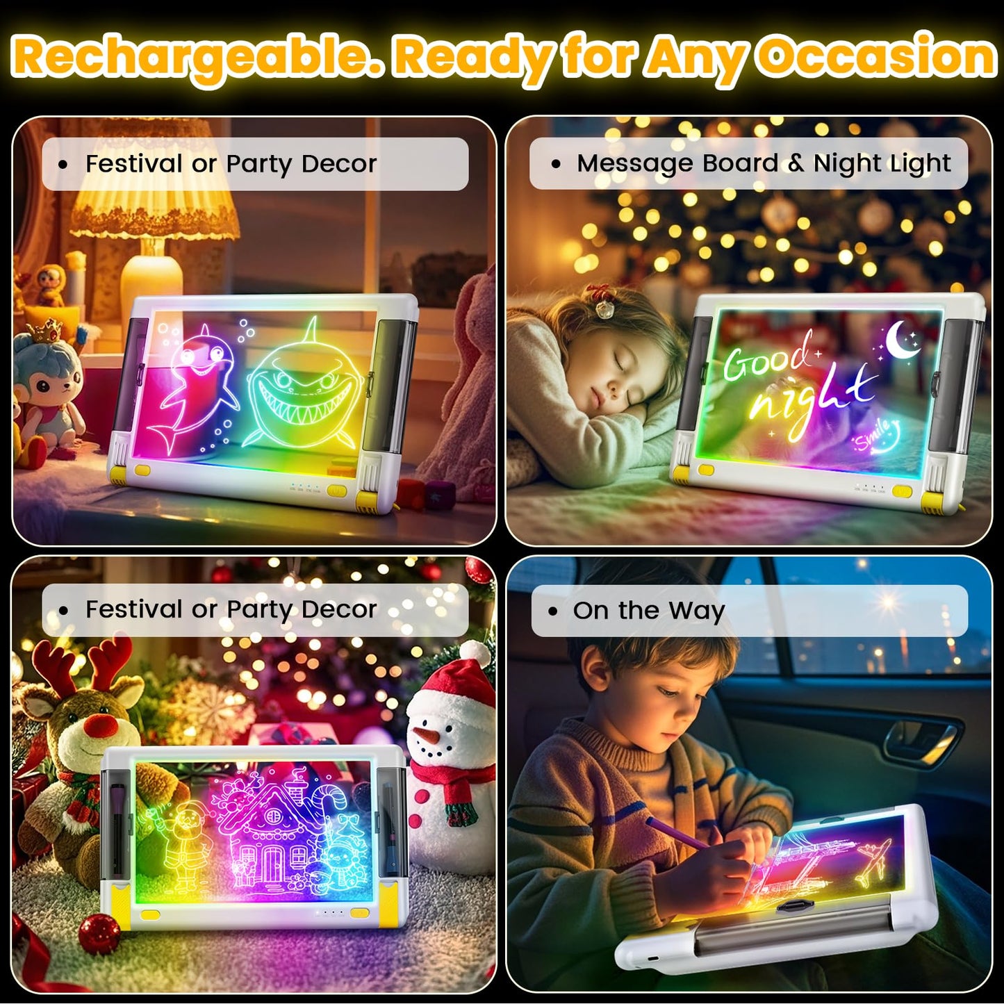 Geokay Rechargeable LED Drawing Board, 15-Inch Acrylic Tablet, 9-Color Light Modes, White, Includes 5 Markers & 10 Tracing Sheets