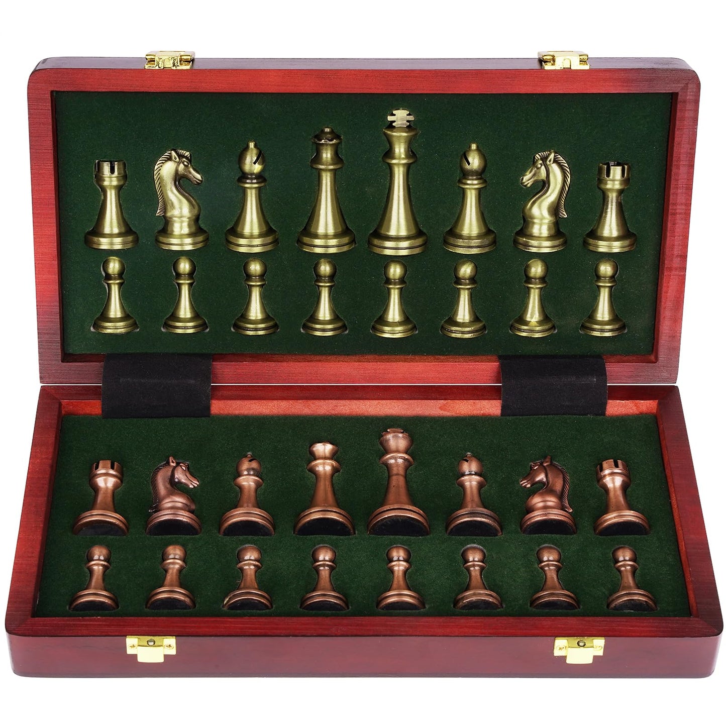 Agirlgle Retro Metal Chess Set with Folding Wooden Chess Board and Classic Handmade Standard Pieces Metal Chess Set for Kids mature-themed