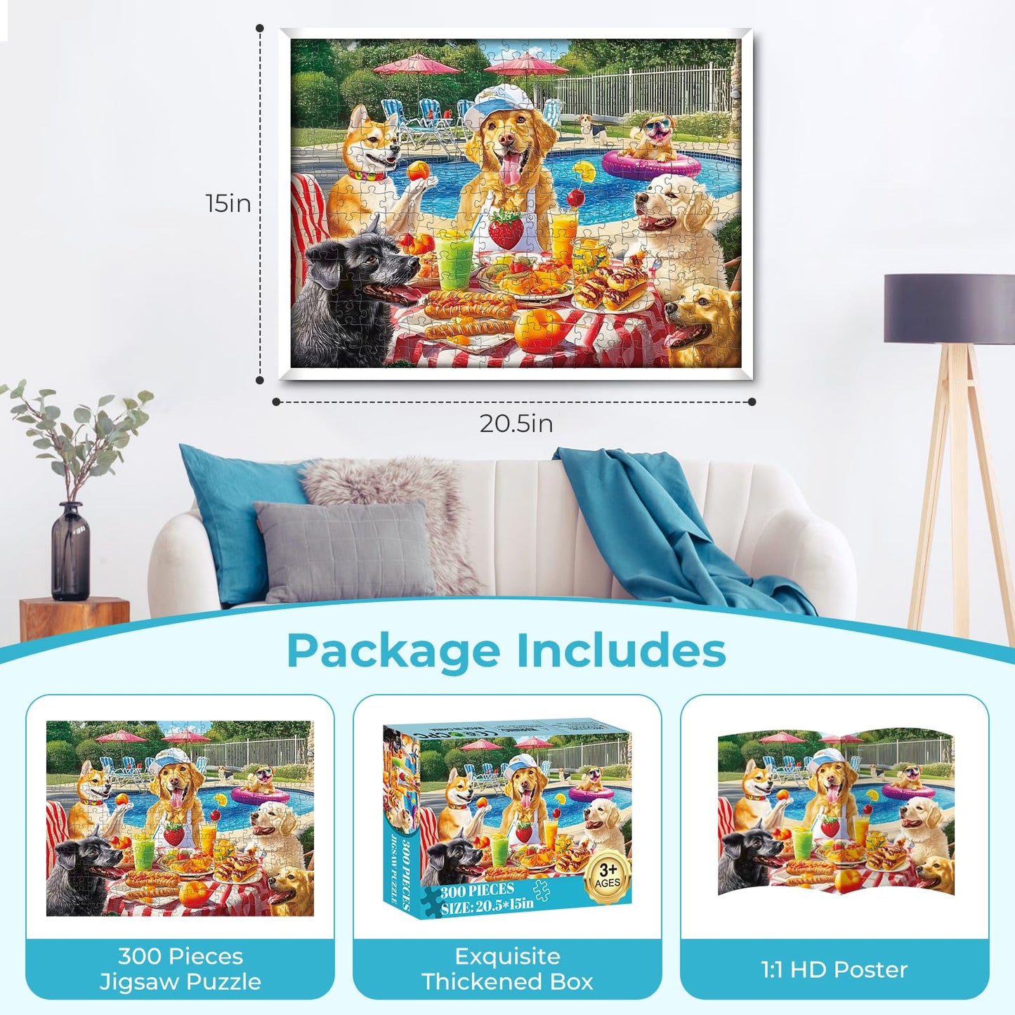 300 Pieces Puzzles for mature-themeds Summer Dog Pool Party & Food Puzzle Large Puzzles Pieces for Seniors Fun Puppy Jigsaw Puzzles for Kids Ages 8-10 Challenging Family Games Holiday Party Gifts 20.5 x 15 In