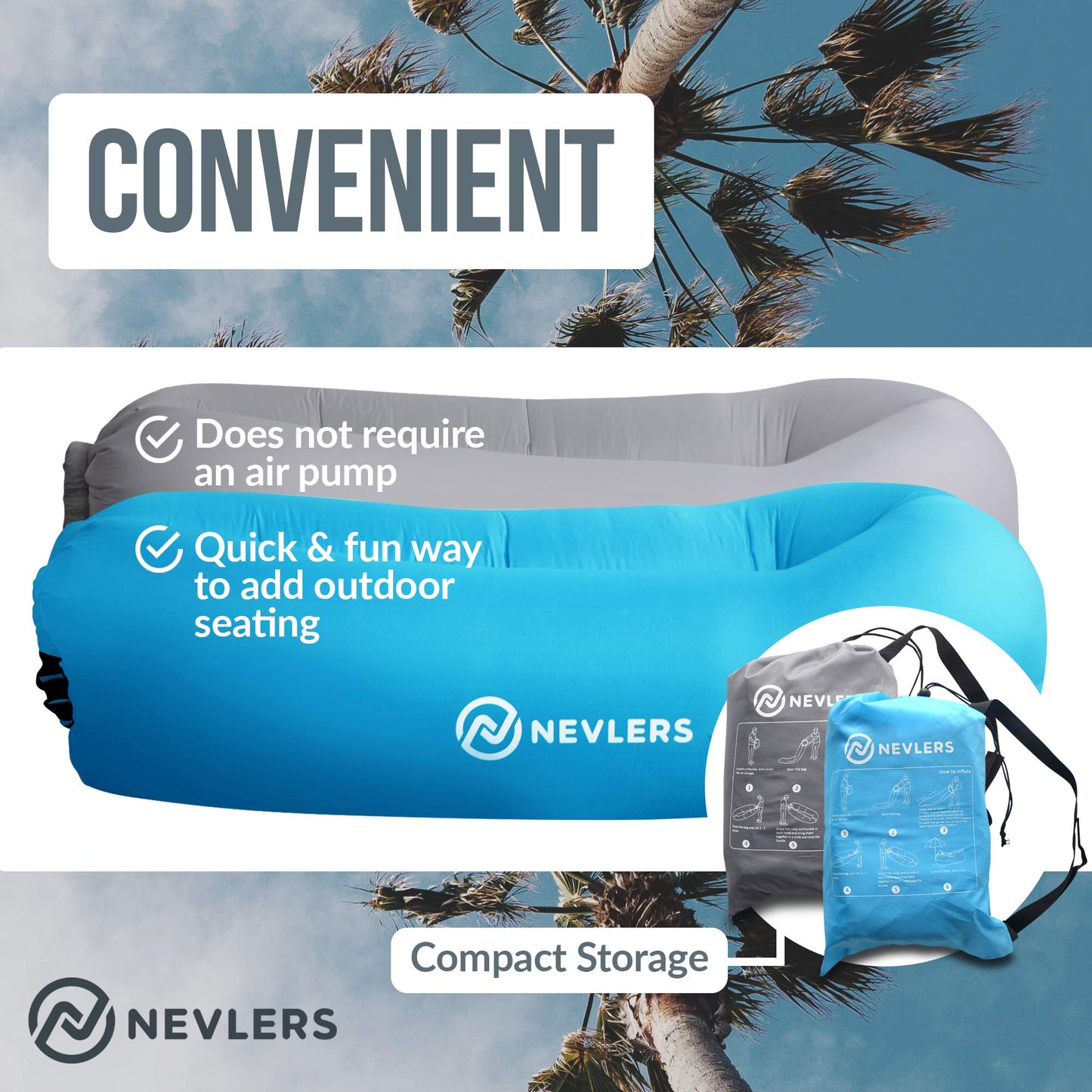 Nevlers 2 Pack Inflatable Loungers With Side Pockets And Matching Bag - Blue & Gray - Waterproof And Portable Lounger - Easy To