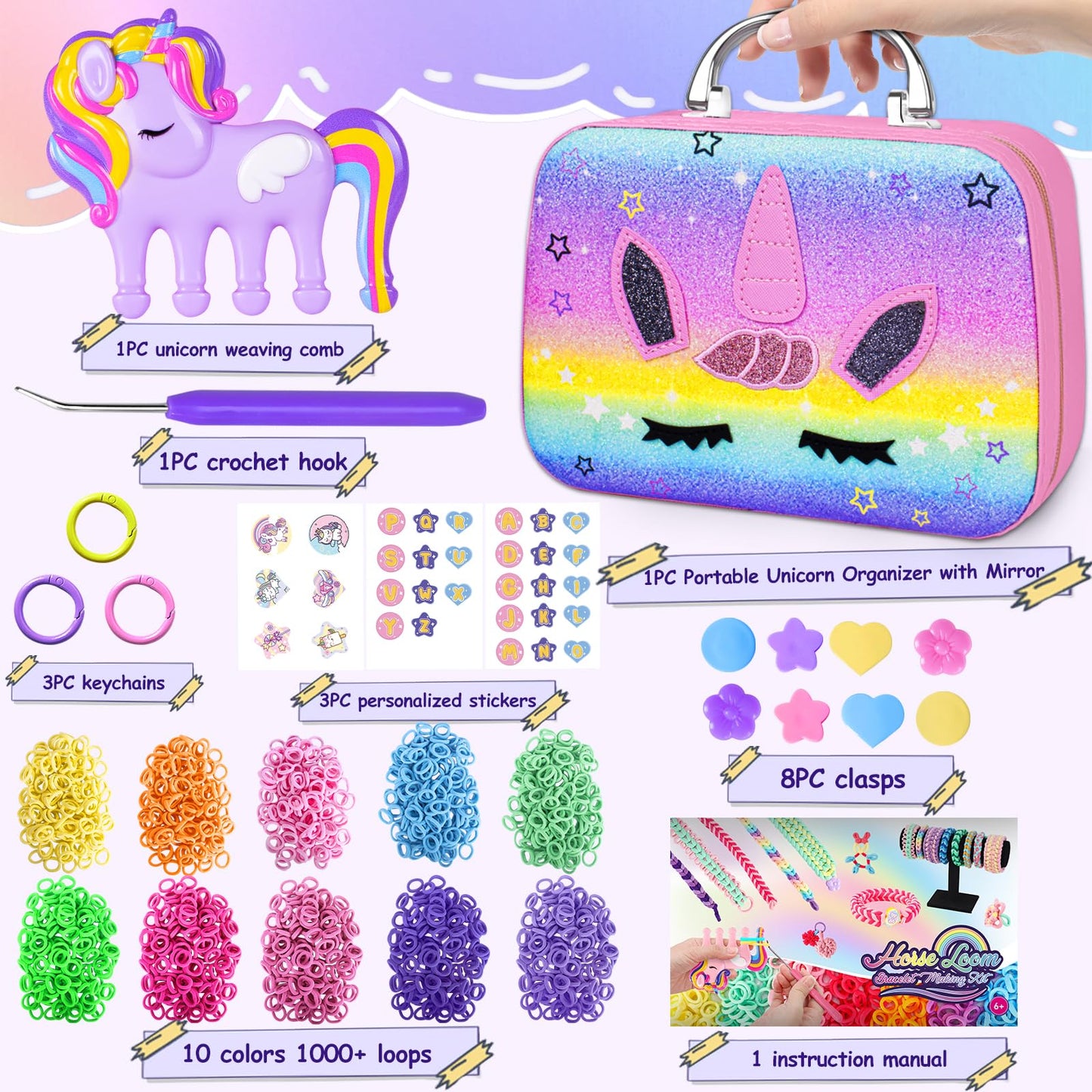 Bracelet Making Kit for Girls 6 7 8-12, Cloth Rubber Band Bracelet Kit with 1000+ Loom Bands, Unicorn Weaving Loom & Organizer C