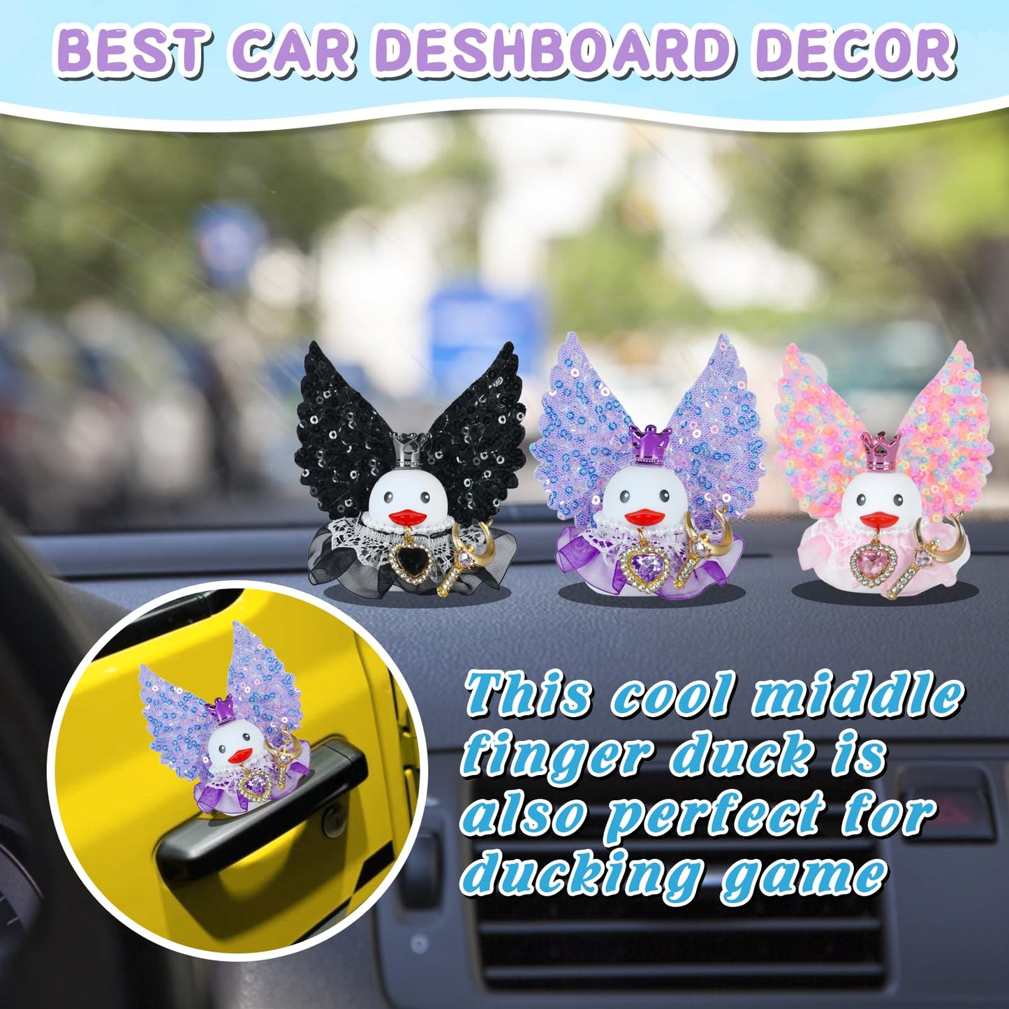 Angle Rubber Duck Car Ornaments with Pink Glitter Wing,Cute Squeaky Duck with Crystal Necklace,Moon-Shaped Magic Wand Ducky Car