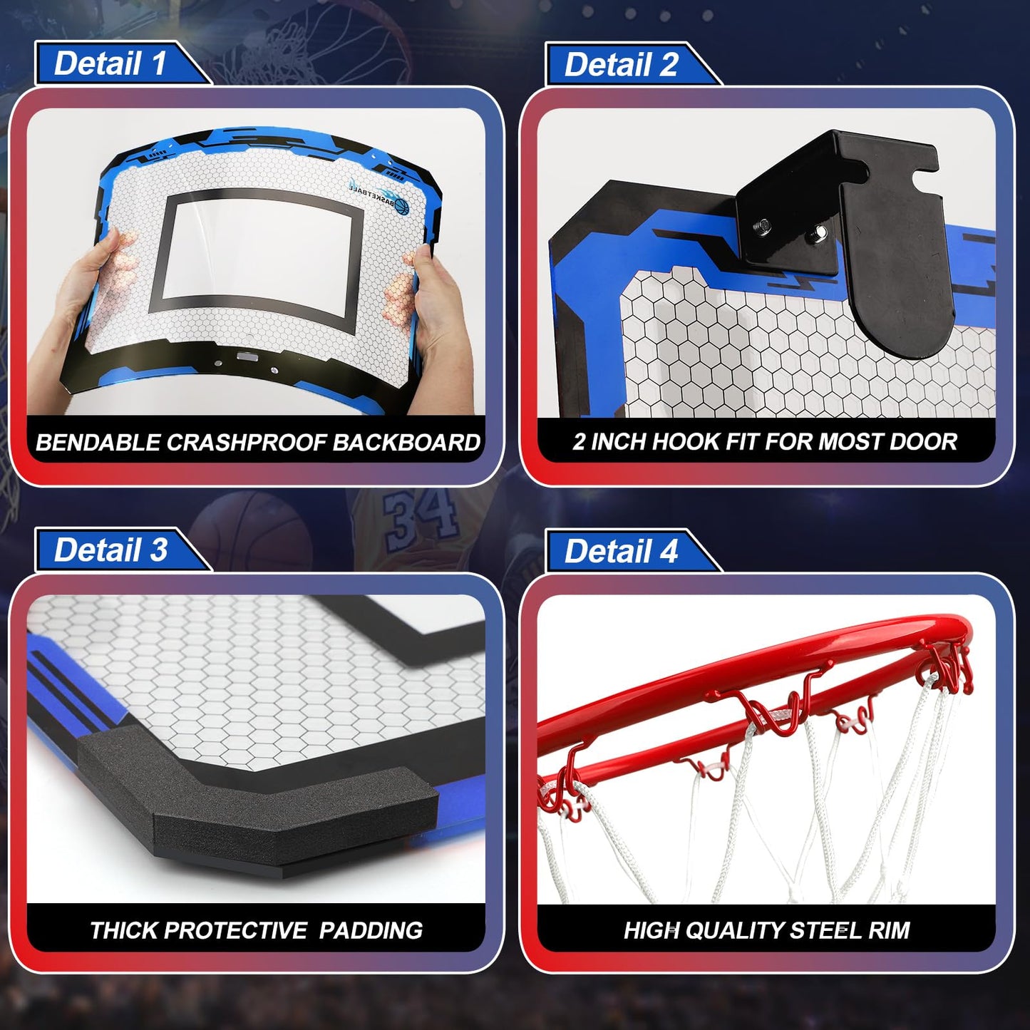 Indoor Basketball Hoop Set for Kids and Adults - Wall Mounted 6'' Mini Hoop for Door, Room, Bedroom - Over The Door and Outdoor