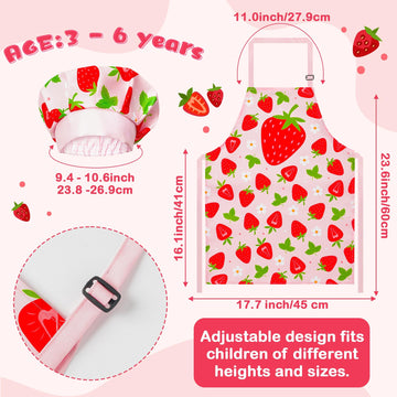 R HORSE Kid Apron and Chef Hat Set - 2Pcs Strawberry Adjustable Children Kitchen Toddler Apron for Girls Role Play Chef Toy Cook
