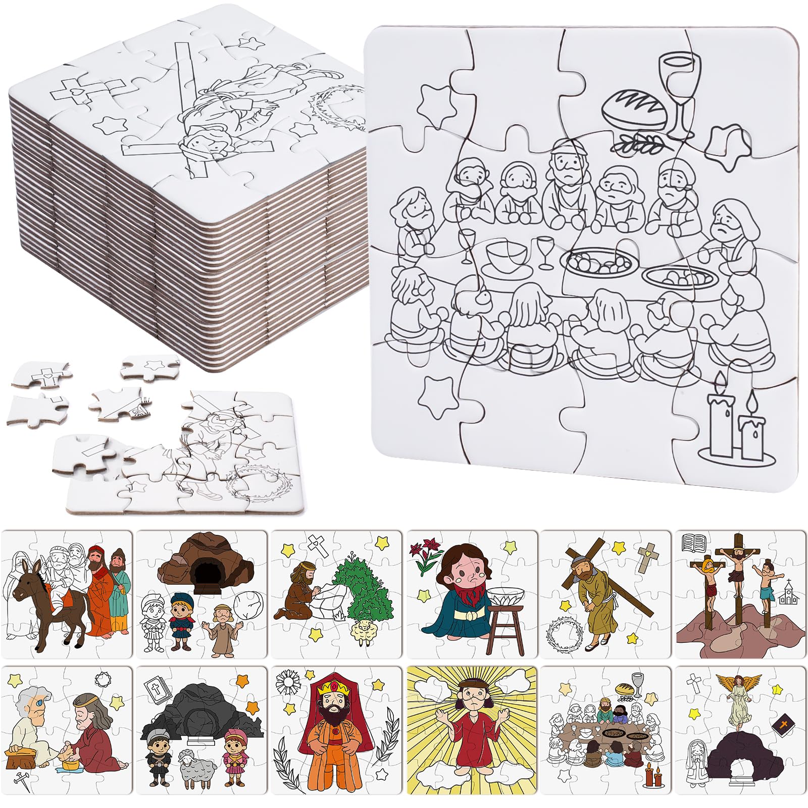 Xbaiyanr 24 Pack Christian Easter Color Your Own Jigsaw Puzzles For Kids,Jesus Easter Diy Paper Jigsaw For Jesus Sunday School C