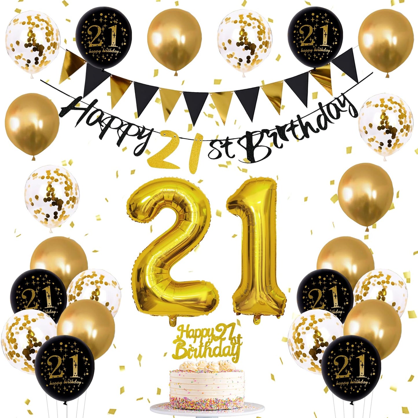 Jobkoo 21St Birthday Decorations Him Her, Black Gold 21 Birthday Party Decor Golden Black 21St Birthday Balloons 21 Cake Topper