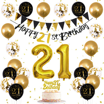Jobkoo 21St Birthday Decorations Him Her, Black Gold 21 Birthday Party Decor Golden Black 21St Birthday Balloons 21 Cake Topper