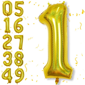 Laser Gold Number 1 Balloons, 40 Inch Foil 1 Balloons For 1 Year Old Birthday Decor, Giant Helium Self Inflating 1 Number Balloo