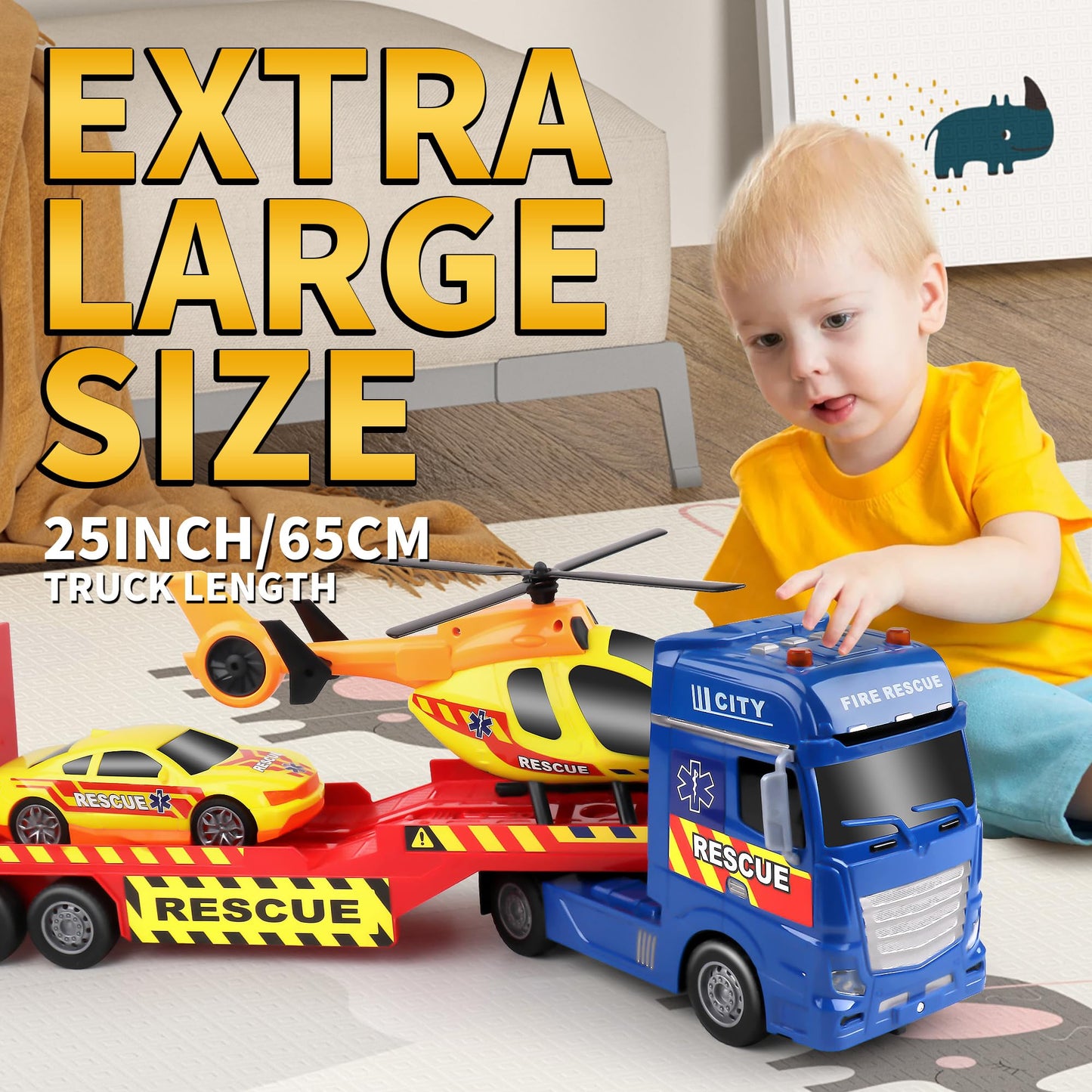 Dwi Dowellin Tow Truck Toy - 25.6" Semi Truck with Racing Car & Helicopter, Blue, Plastic, Model 666-71F, Ideal Gift for Kids 2-