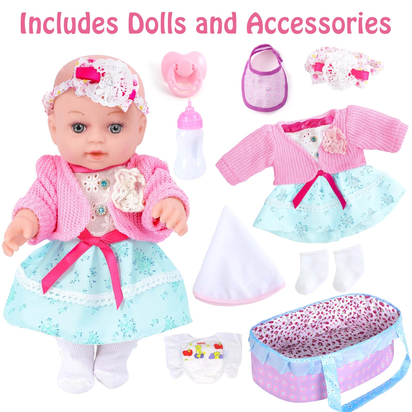 Uzidbto Realistic Baby Dolls 12 Inch Girl Baby Doll With Accessories And Clothes Includes Blanket,Carrier Bassinet Bed,Pacifier,