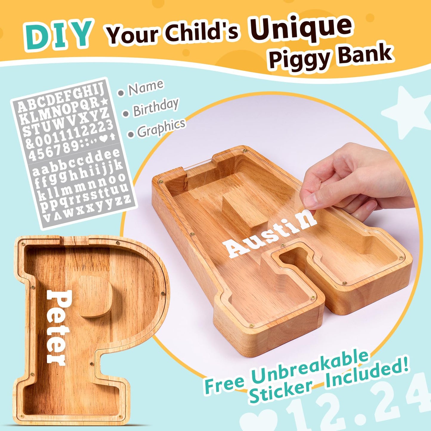 SummiDate Wooden Letter Piggy Bank| Piggy Bank for Boys Girls Toddler| Alphabet P Money Bank| Coin Bank Birthday Gift for Kids|Birthday Gift for Kids (P)