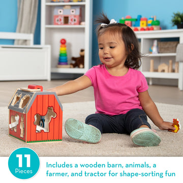 Melissa & Doug Wooden Take-Along Barn Toy With Flip-Up Roof And Handle, 10 Farm Play Pieces, Shape Sorting And Stacking Learning