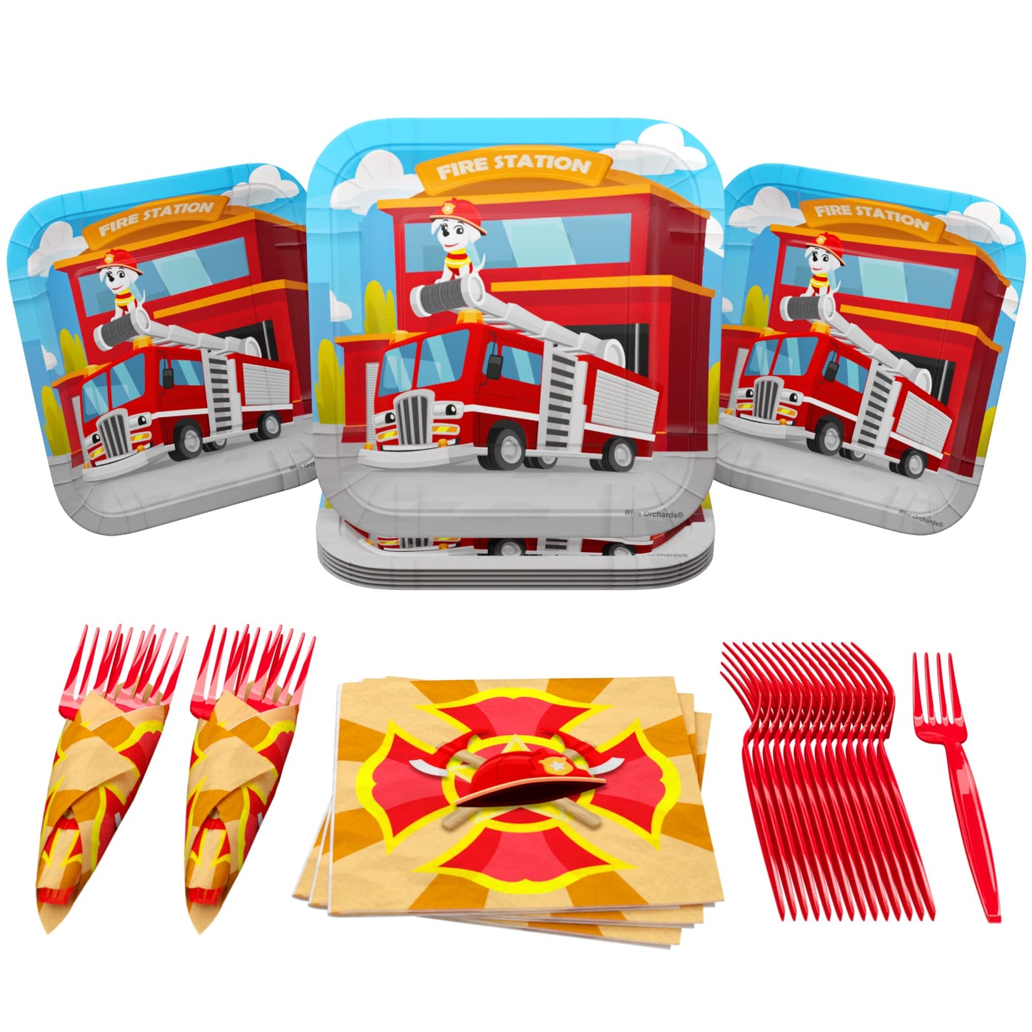 Blue Orchards Firefighter Value Party Supplies (64 Pieces For 20 Guests) - Fireman Party Plates And Napkin, Fire Truck Birthday, Boy Birthday Party Decorations, Firefighter Theme Party