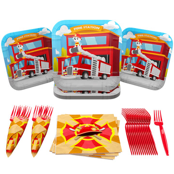 Blue Orchards Firefighter Value Party Supplies (64 Pieces For 20 Guests) - Fireman Party Plates And Napkin, Fire Truck Birthday, Boy Birthday Party Decorations, Firefighter Theme Party