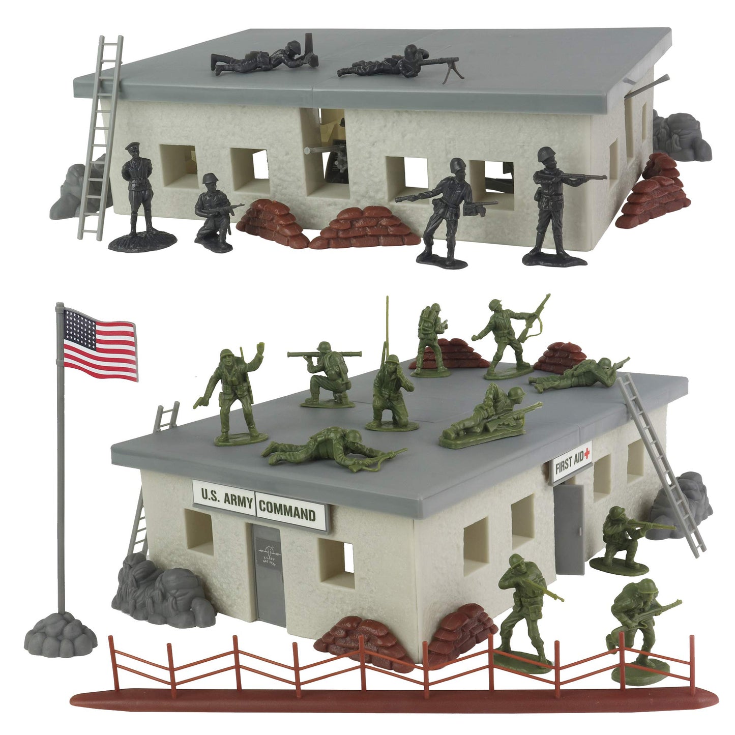 BMC Toys WW2 Secret Stronghold Playset - 36pc Plastic Army Men, Medium, Od Green/Gray/Brown/Black, Model 67009