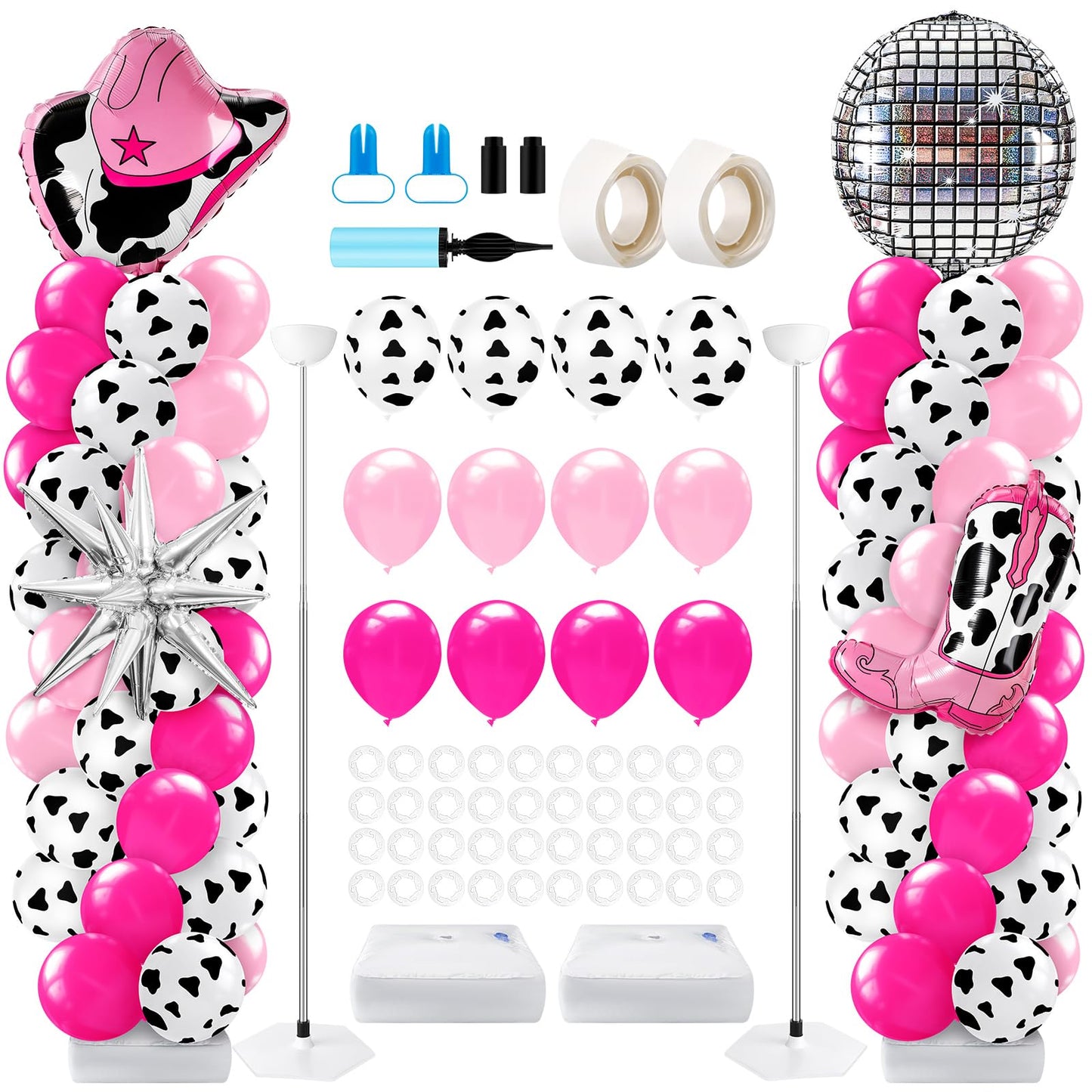 Kasyat 2 Sets Disco Cowgirl Balloon Column Stand Kit with 4d Cowgirl Hat Boots Disco Ball Exploding Stars Balloons Hot Pink Silv