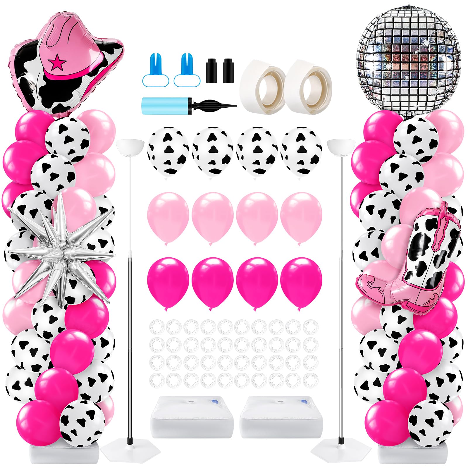 Kasyat 2 Sets Disco Cowgirl Balloon Column Stand Kit with 4d Cowgirl Hat Boots Disco Ball Exploding Stars Balloons Hot Pink Silv