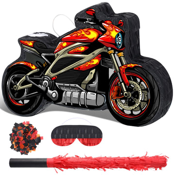 Shappy 3D Red Motorcycle Piñata - Small Race Car Design for Racing Theme Birthday Party with Blindfold, Stick & Confetti