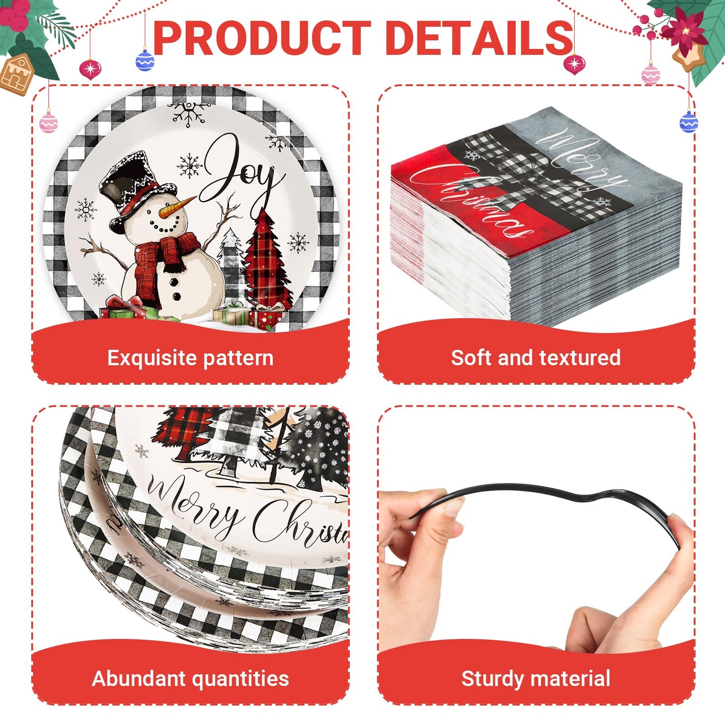 GOLDGAO 200 PCS Christmas Paper Plates Napkins Party Set Buffalo Plaid Xmas Tree Snowman Dinnerware Plate and Napkin Sets for Xm