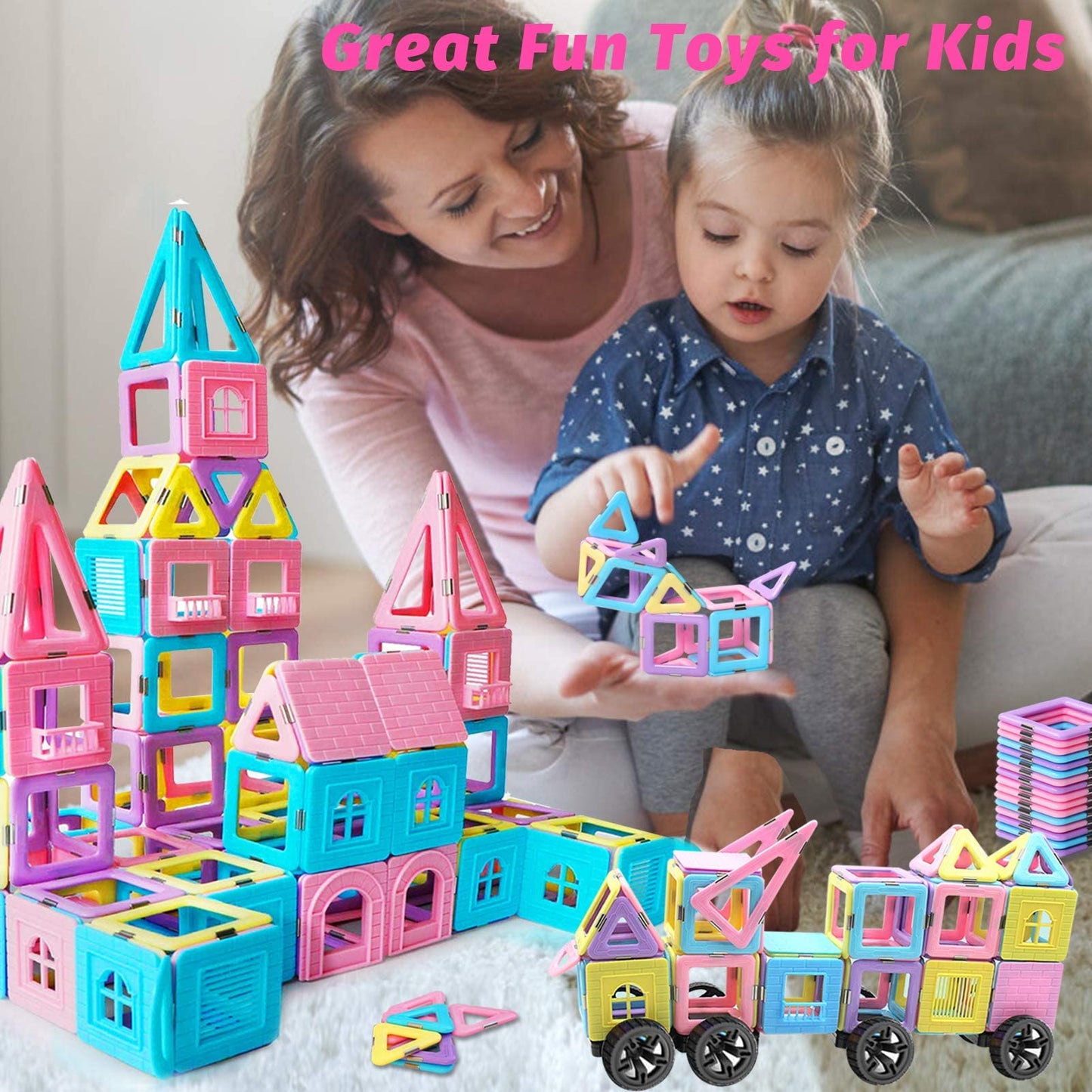 124Pcs Magnetic Blocks Toys For 3 4 5 6 7+ Year Old Boys Girls Macaron Castle Magnetic Tiles Building Blocks Set For Toddlers Stem Creativity/Educational Toys For Kids Age 3-6 Christmas Birthday Gifts