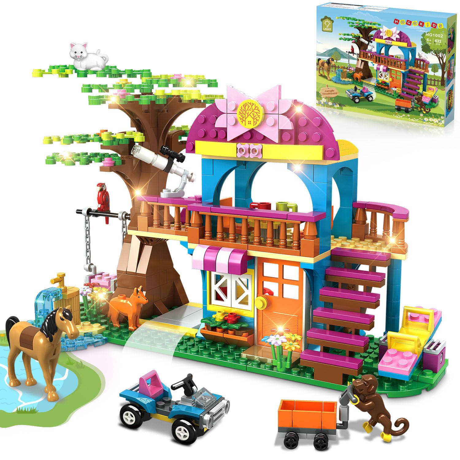 Hogokids Tree House Building Sets With Led Light - Jungle Treehouse Building Toy With Car Horse Animals Swing Playset 433Pcs Forest House Building Kit Birthday Gift For Kids Girls Boys Age 6-12 Years