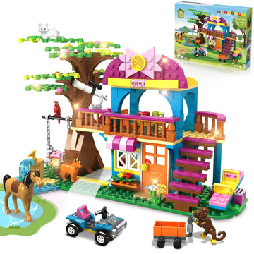 Hogokids Tree House Building Sets With Led Light - Jungle Treehouse Building Toy With Car Horse Animals Swing Playset 433Pcs Forest House Building Kit Birthday Gift For Kids Girls Boys Age 6-12 Years