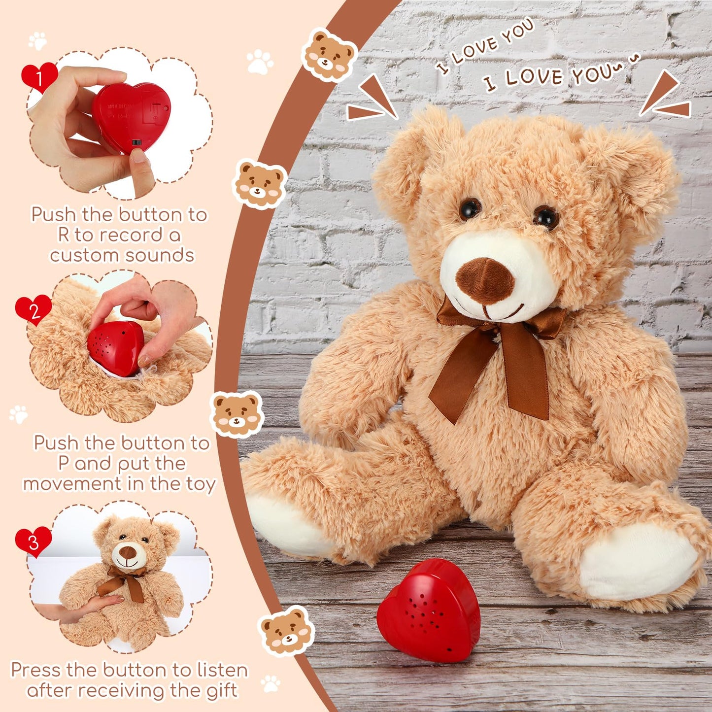 Libima 5 Pack 14'' Bears Stuffed Animals With Voice Recorder Set 30 Seconds Voice Sound Recorder Module Plush Bear Cute Stuffed