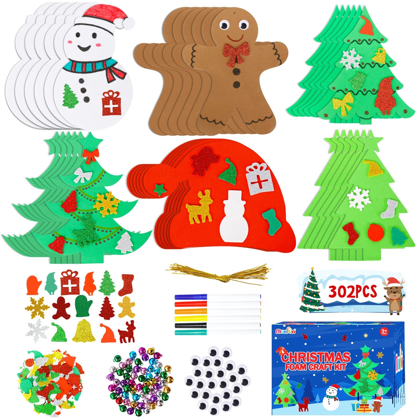 Max Fun 302PCS Christmas Crafts Tree Foam Shapes Stickers Set Craft Kits, Xmas Tree Hat Snowman Christmas Decorations for Kids C