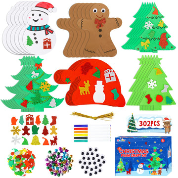 Max Fun 302PCS Christmas Crafts Tree Foam Shapes Stickers Set Craft Kits, Xmas Tree Hat Snowman Christmas Decorations for Kids C