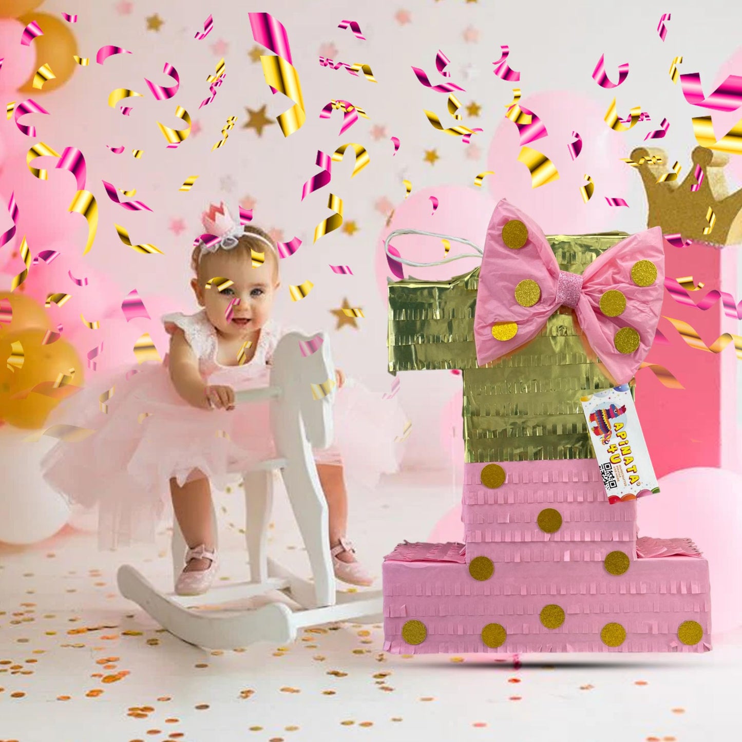 Apinata4U Pink And Gold Number 1 Piñata With Bow, Princess Theme First Birthday Decorations, Pink & Gold Party Supplies, Kids Party Favor For Birthday Celebration, Girls Birthday, 20 X 16 X 4 Inches