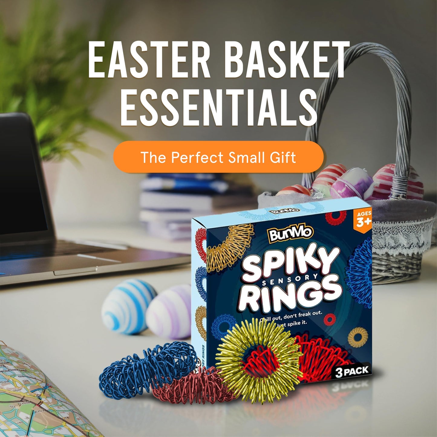 Bunmo Easter Basket Stuffers For Adults - Spiky Sensory Fidget Rings For Adults & Teens - 3-Pack Fidgets In Vibrant Colors - Eas