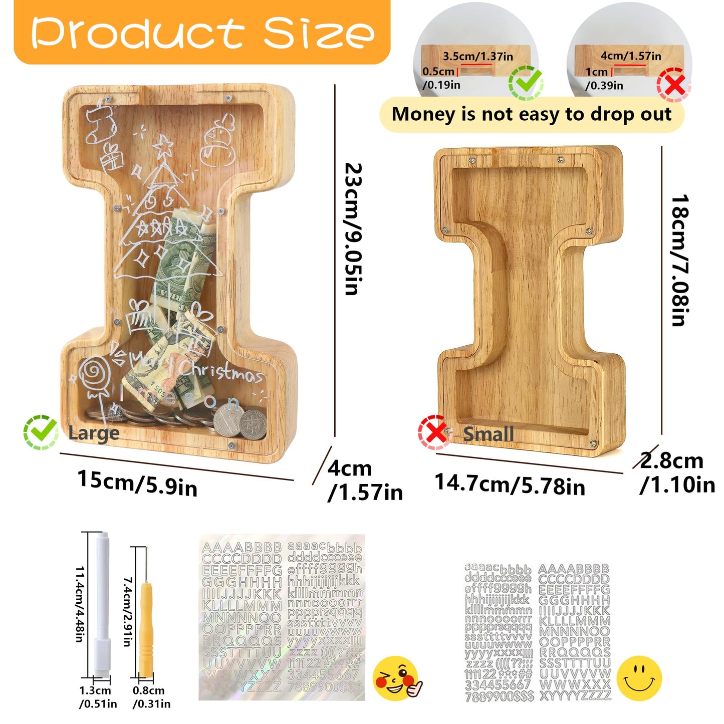 weallbuy Large Letter Piggy Bank for Kids Boys Girls Wooden Personalized Piggy Banks A-Z with Target Area Clear Alphabet Banknote Coin Banks for Gift Decoration Baptism (I)