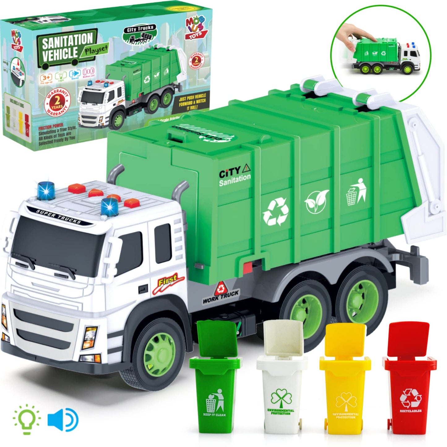 MOBIUS Toys Garbage Truck Friction-Powered - 1:12 Scale Large Size Truck w/Sounds, Lights, Loader, 4 Trash Cans for Learning Was