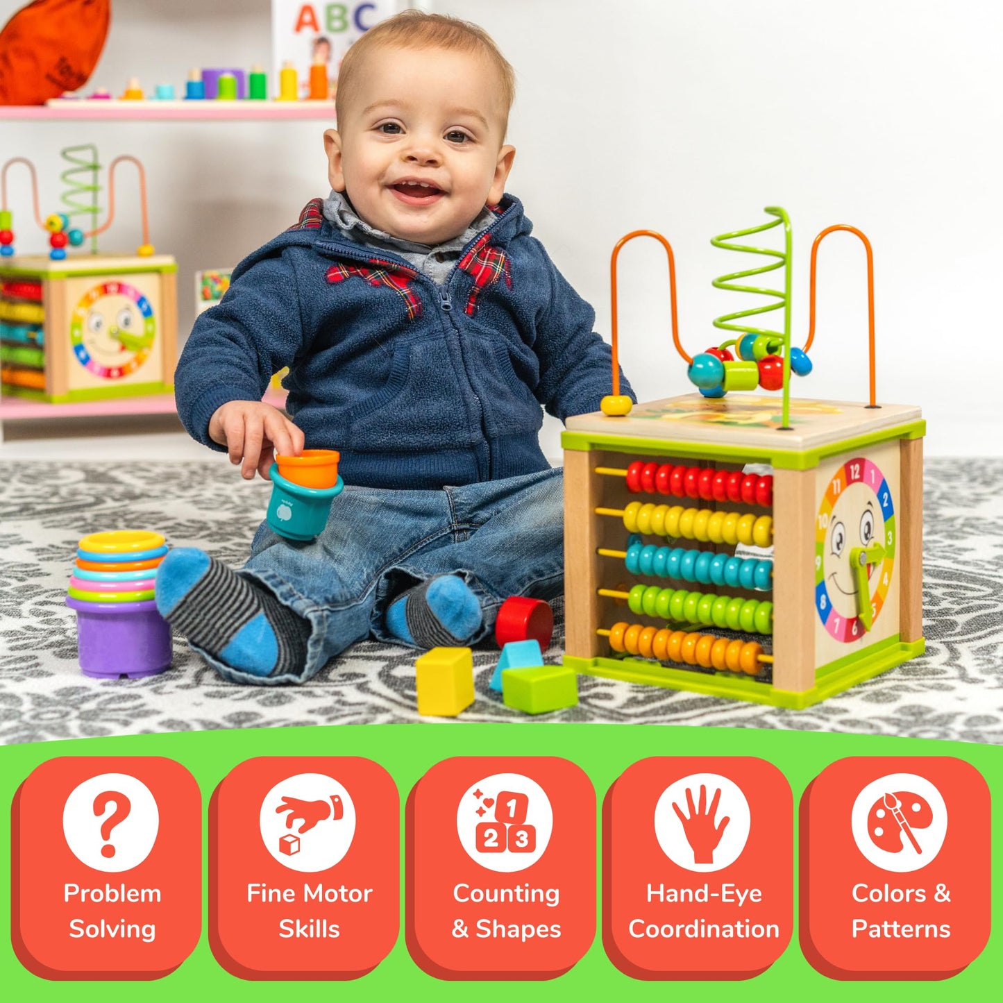 TOYVENTIVE Wooden Activity Cube - Montessori Sensory Toy for 1-2 Year Olds, Blue Table-Top Size, Perfect Birthday Gift with Bonus First Words Book