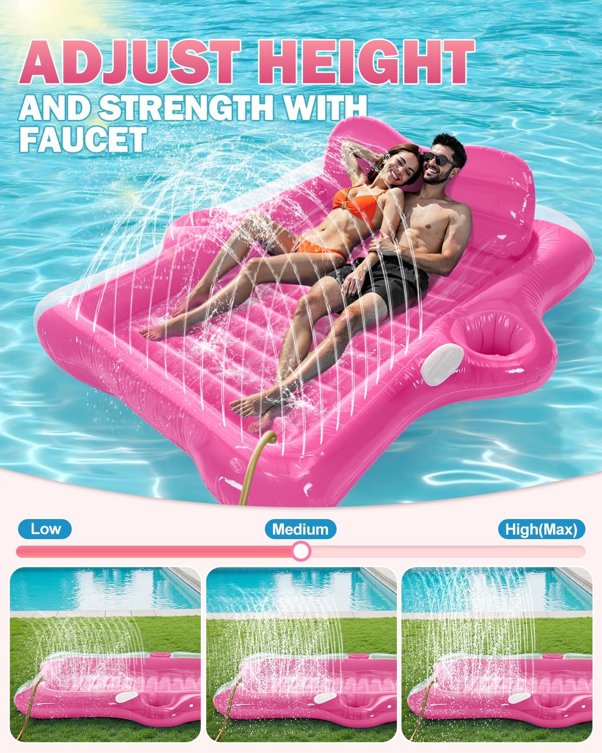 Snowalva Inflatable Tanning Pool Lounger Float, 80"x66", Pink, PVC, Model FY033, 5-in-1 Cooling Raft for Summer Pool Parties