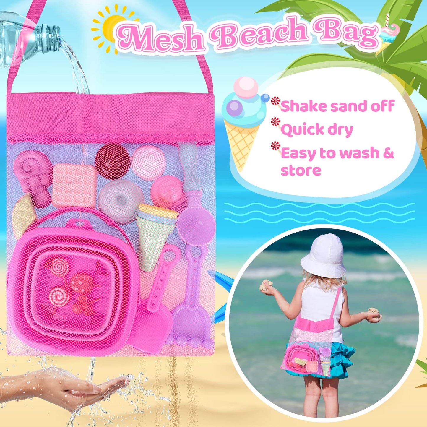 Collapsible Beach Toys Set for Kids Toddlers Girls, Collapsible Sand Bucket and Shovels Set with Mesh Bag & Sand Molds, Ice Crea