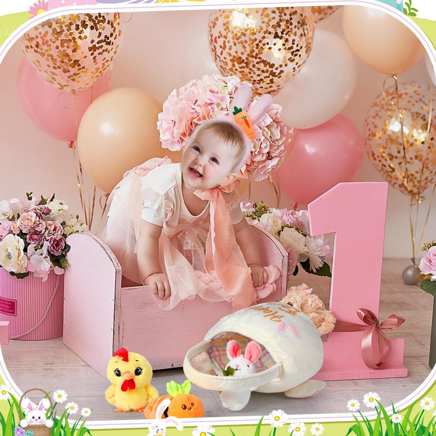 Blosssound Stuffed Easter Basket Filled with Plush Bunny Chick Carrot Rabbit Ears Headband for Kids Toddler Boys Girls Premade E