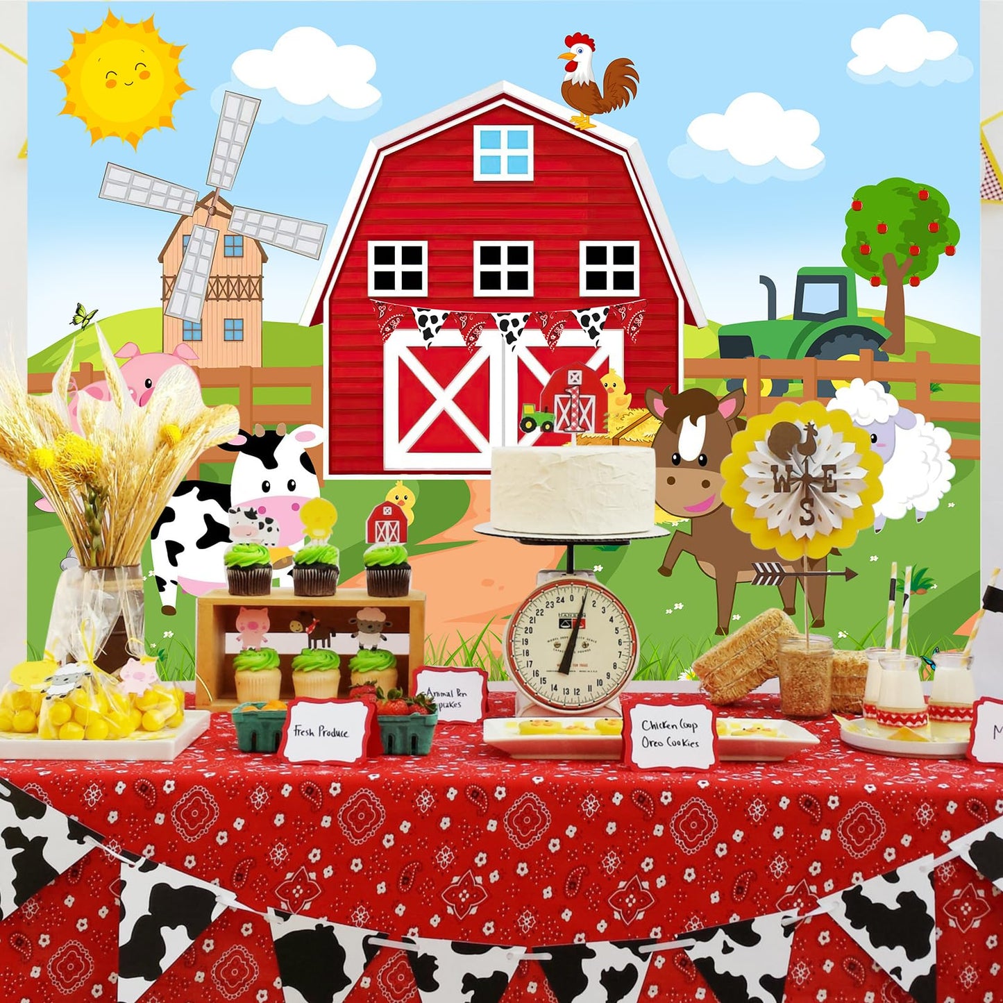 Avezano Farm Animals Backdrop Red Barn Farmhouse Birthday Party Banner Decorations Barnyard Animals Baby Shower Boys Girls Birth