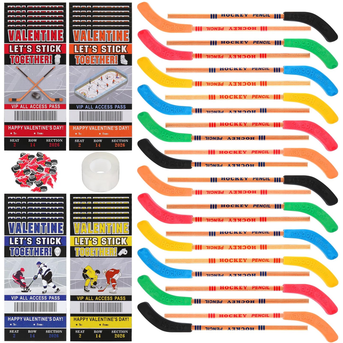 Sinload 48 Sets Hockey Valentine s Gifts Set Including Hockey Valentine s Day Cards, Stick Pencils with Erasers, PVC Accessori