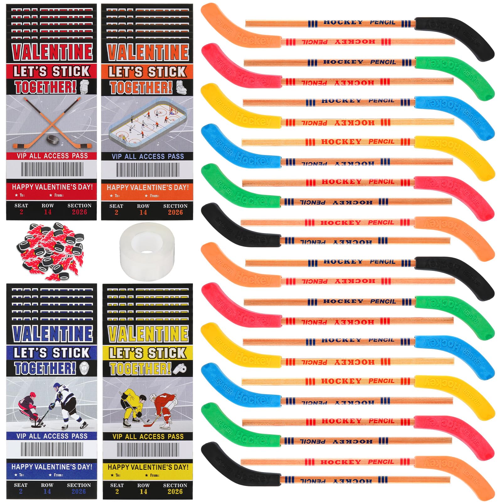 Sinload 48 Sets Hockey Valentine s Gifts Set Including Hockey Valentine s Day Cards, Stick Pencils with Erasers, PVC Accessori