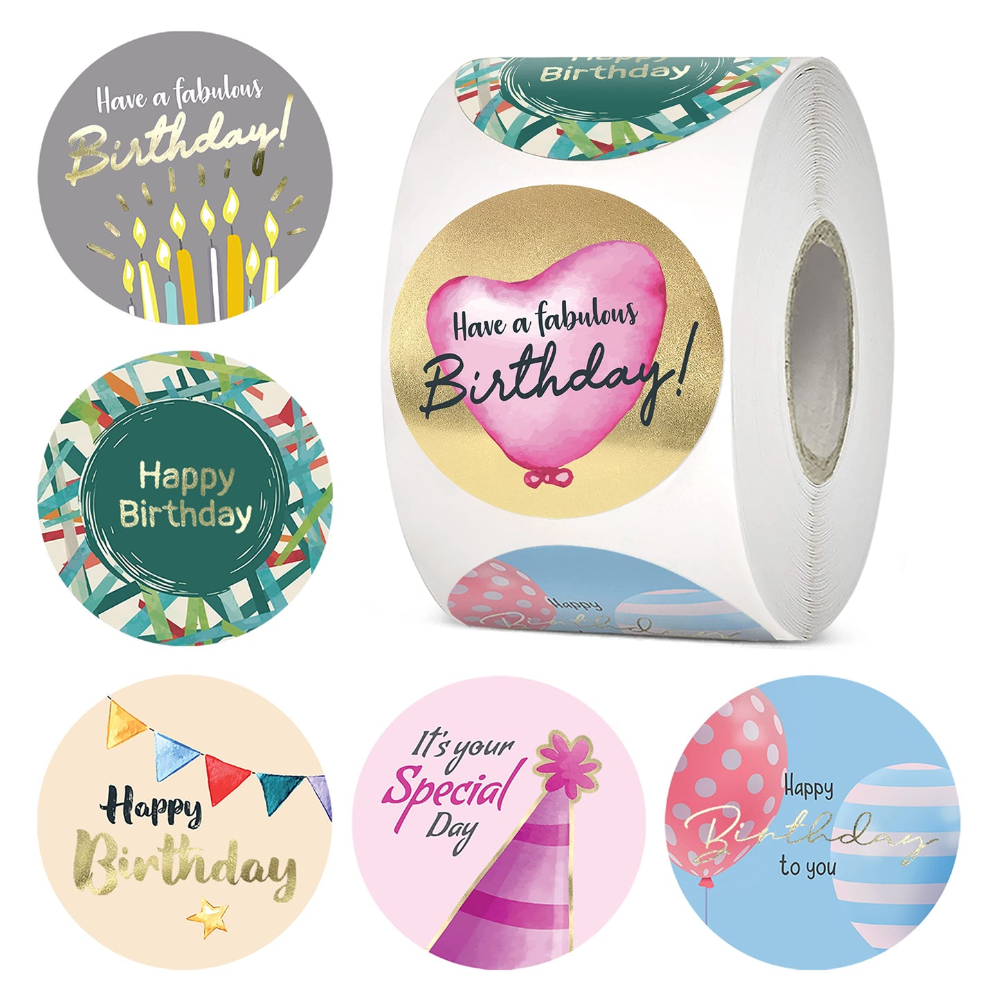 Easykart Labels 500 Happy Birthday Stickers, 6 Unique Foiling Designs, Birthday Stickers For Kids, Birthday Party Decoration, 1.