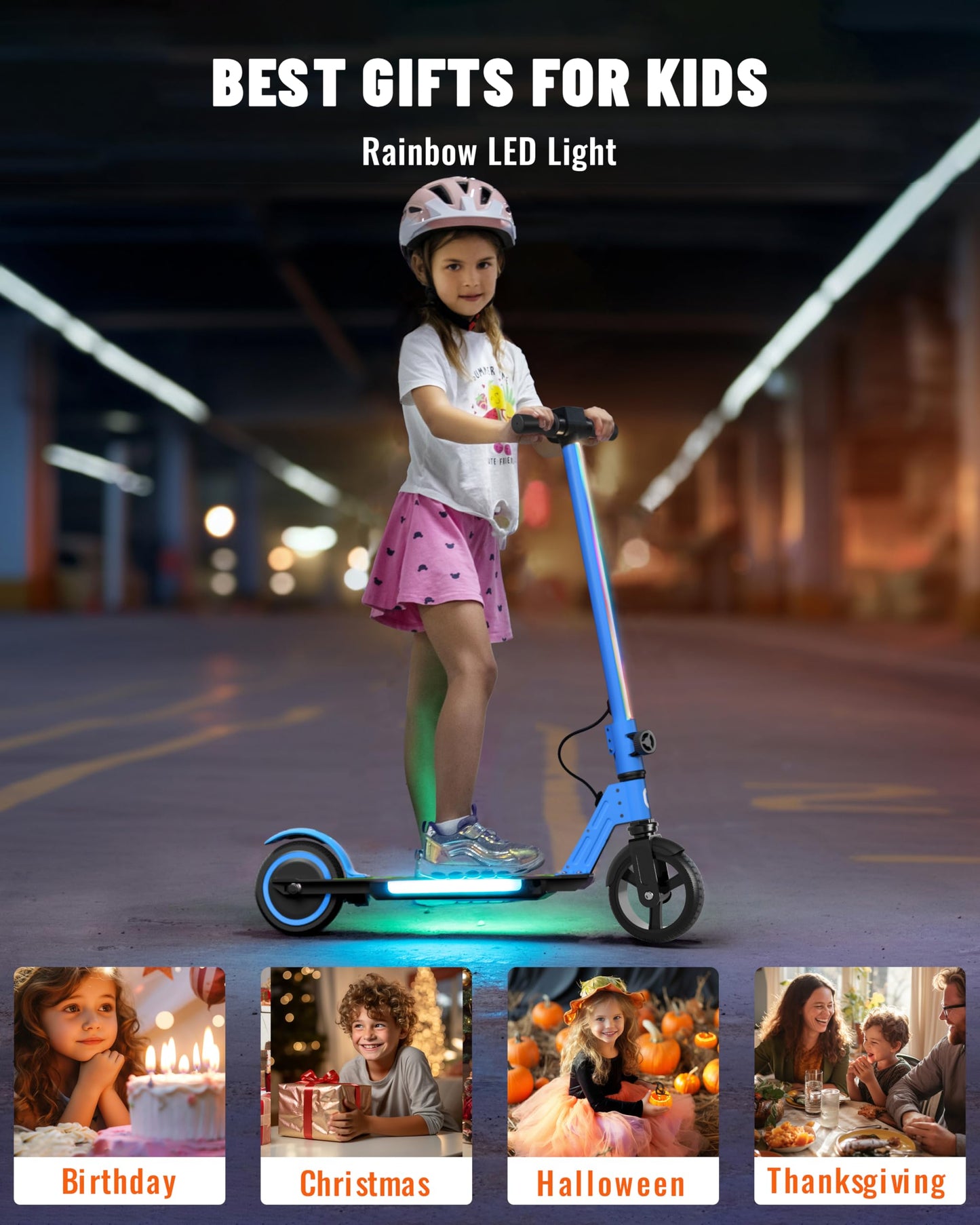 SIMATE Electric Scooter for Kids, Motorized E-Scooters with Colorful Front Light and Pedal Lights, LED Display & Foldable, Dual