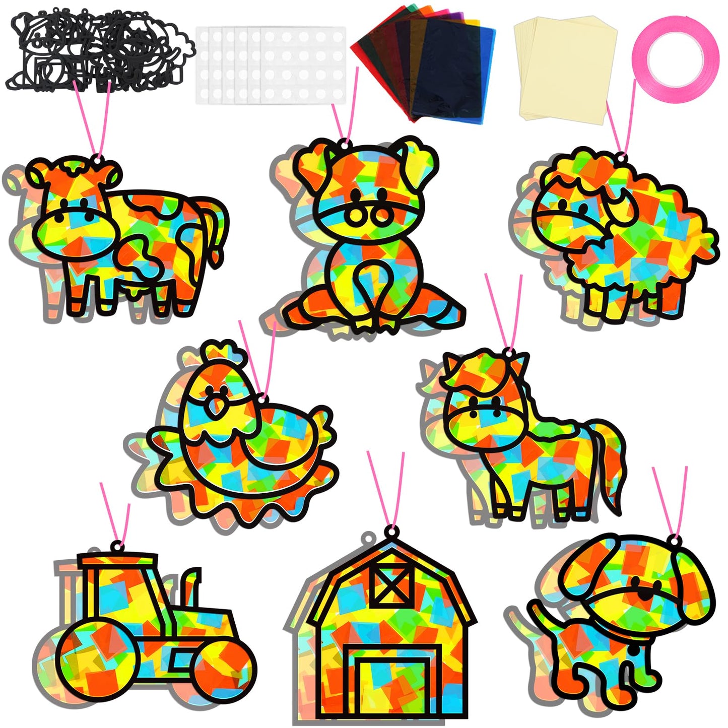QOUBAI 32 Sets Farm Animals Suncatchers Craft Kit DIY Window Stained Glass Effect Cow Horse Chicken Paper Craft Home School Clas