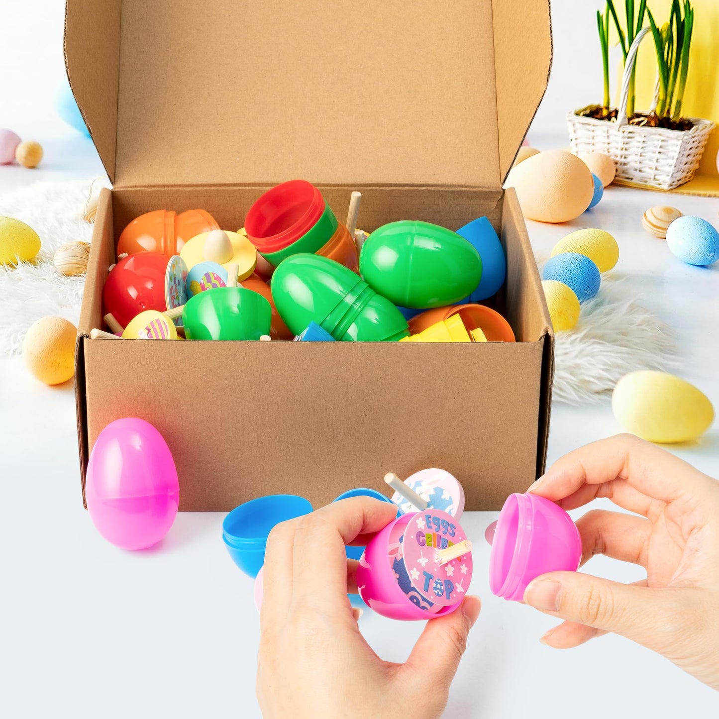 Beyumi Easter Wooden Spinning Tops - 30Pcs Plastic Colorful Easter Eggs Filled With Wooden Spinning Tops Present For Egg Hunt Ba